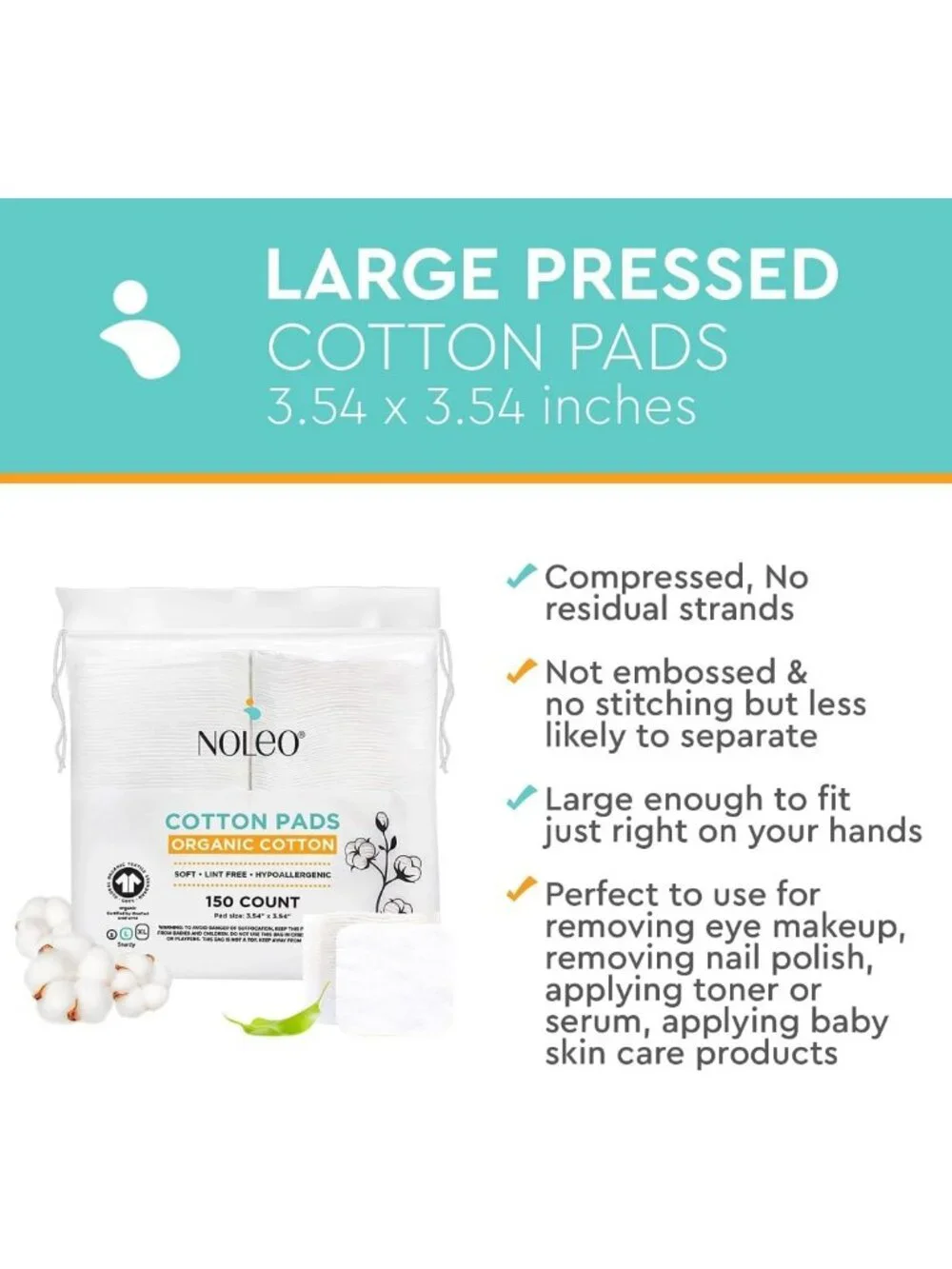 Large Organic Cotton Pads - 450 Count, Lint-Free, Soft, No Hard Edges, Pack of 3